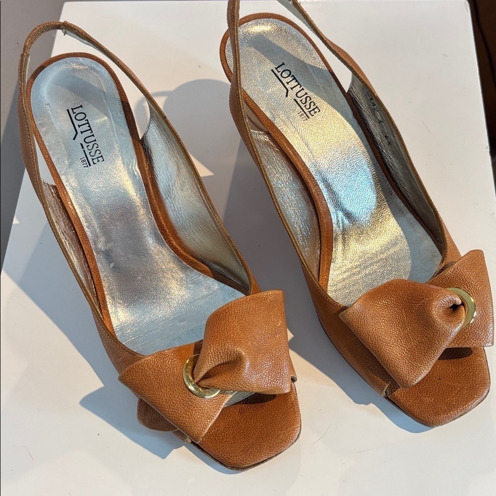 Vintage Lottusse tan leather wood heeled wedge open-toe sling backs size 6.5
